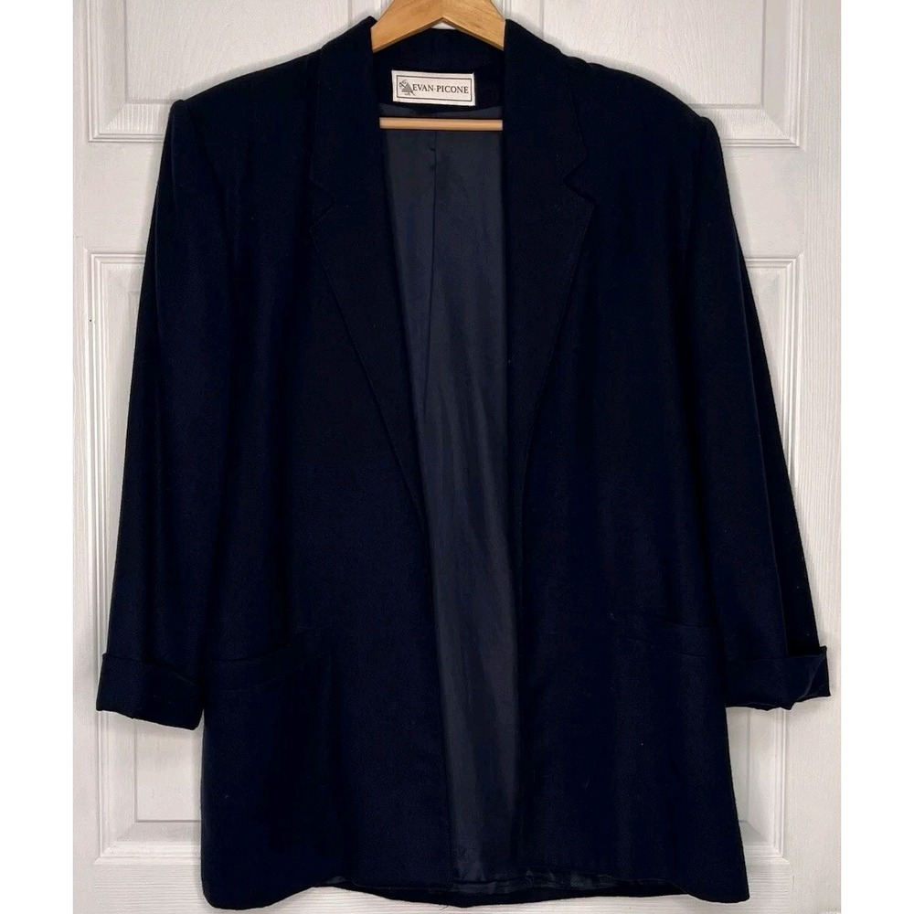Vintage Evans Picone Navy Blue Womens 12 Open Front Blazer 100% Wool *See Photos